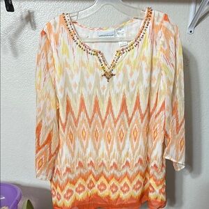 Alfred Dunner White and Orange Graphic Blouse
